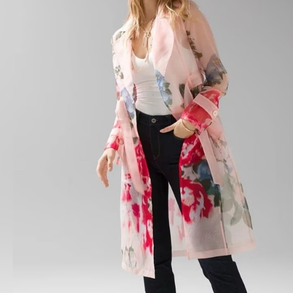 White House Black Market Pink Floral organza Trench Coat New with Tag